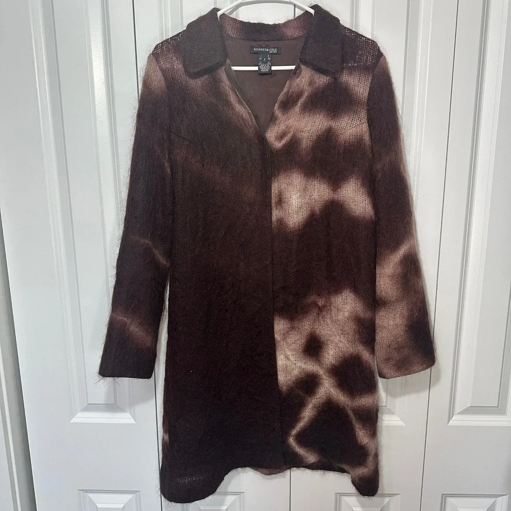 Kenneth Cole NY Mohair Wool Fuzzy Long Sweater Coat Brown Abstract Tie Dye Small